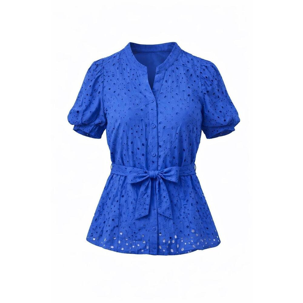 NWT CiciBird Eyelet Belted Button Down Short Sleeve Blouse Royal Blue Size S